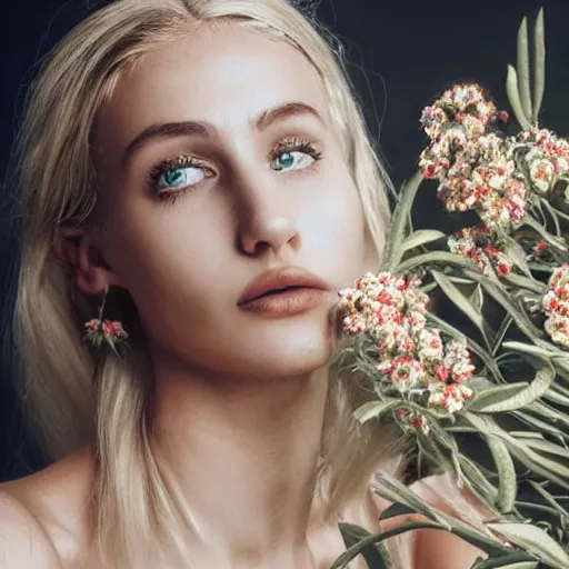 Image similar to vintage photograph of an olive skinned blonde female model in her twenties, her hair pinned up with flowers, wearing a designer top, looking content, focused on her neck, photo realistic, extreme detail skin, natural beauty, no filter, slr, golden hour, 8 k, high definition, selfie