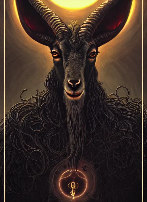 Image similar to elden ring themed orthodox baphomet goat icon tarot card portrait, piercing gaze, byzantine aesthetic, doom, religious, sinister, ornate, intricate, beautifully backlit, subtle tones, digital painting, concept art, smooth, sharp focus, illustration, art by josan gonzalez, greg rutkowski, killian eng and zdizslaw beksinski