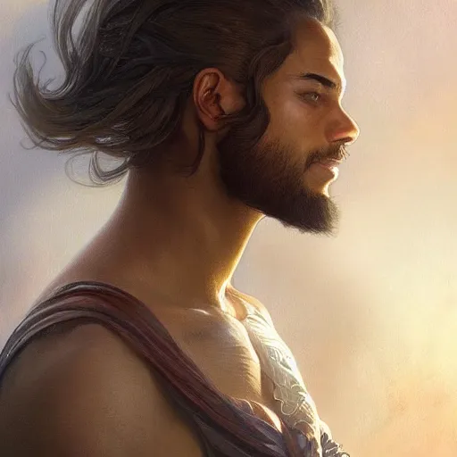 Prompt: beautiful, strong, mixed race, long hair, male, face, head shot, fantasy, highly detailed, digital painting, artstation, concept art, smooth, sharp focus, illustration, art by artgerm and greg rutkowski and alphonse mucha