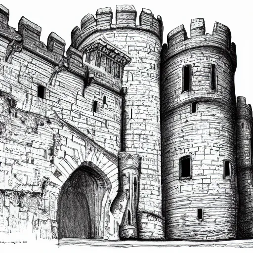 Image similar to A medieval castle, Line, sketch, detailed