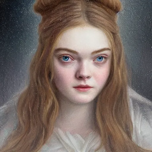 Image similar to professional painting of Elle Fanning in the style of Sophie Anderson, head and shoulders portrait, symmetrical facial features, smooth, sharp focus, illustration, intricate, stormy weather, extremely detailed masterpiece,