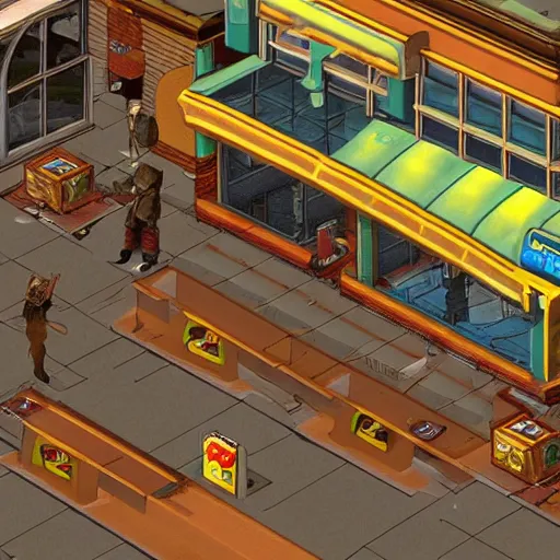 Image similar to Screenshot of McDonald restaurant in Fallout 2 (1998), isometric perspective, postapocalyptic, bird's eye view, high quality