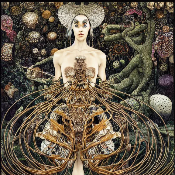 Prompt: symmetric frame from Prometheus, biomechanical gaia, by guo pei and alexander mcqueen metal couture editorial, in mycelium macro mushroom hanging garden by giger by utagawa kuniyoshi by Yuko Shimizu