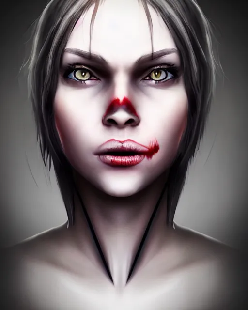 Image similar to realistic portrait of a scary young female game character with big equilateral triangle in place of a mouth, detailed portrait, high quality photo