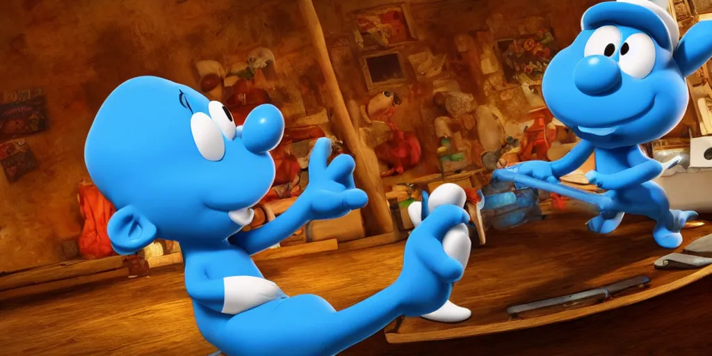 Image similar to still frame from the video game smurf spaghetti, award - winning, stunningly realistic, volumetric lighting, coherent, no artifacts, cinematic, atmospheric, studio quality