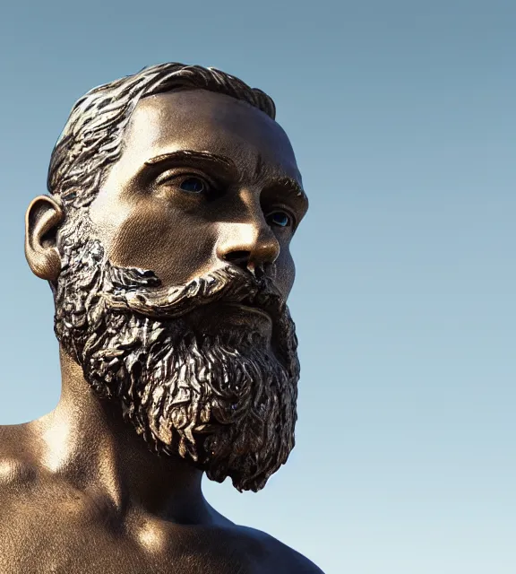 Image similar to a 4 k photorealistic photo medium shot of a bronze statue of a man with a beard.