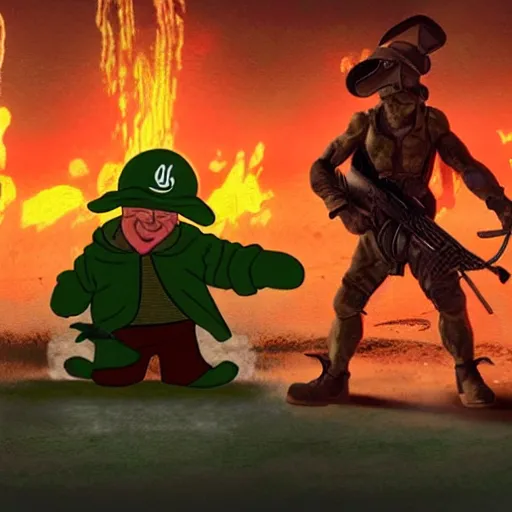 Image similar to Elmer Fudd from Loony Tunes in Doom, wearing green armor and helmet, killing demons, rip and tear, video game