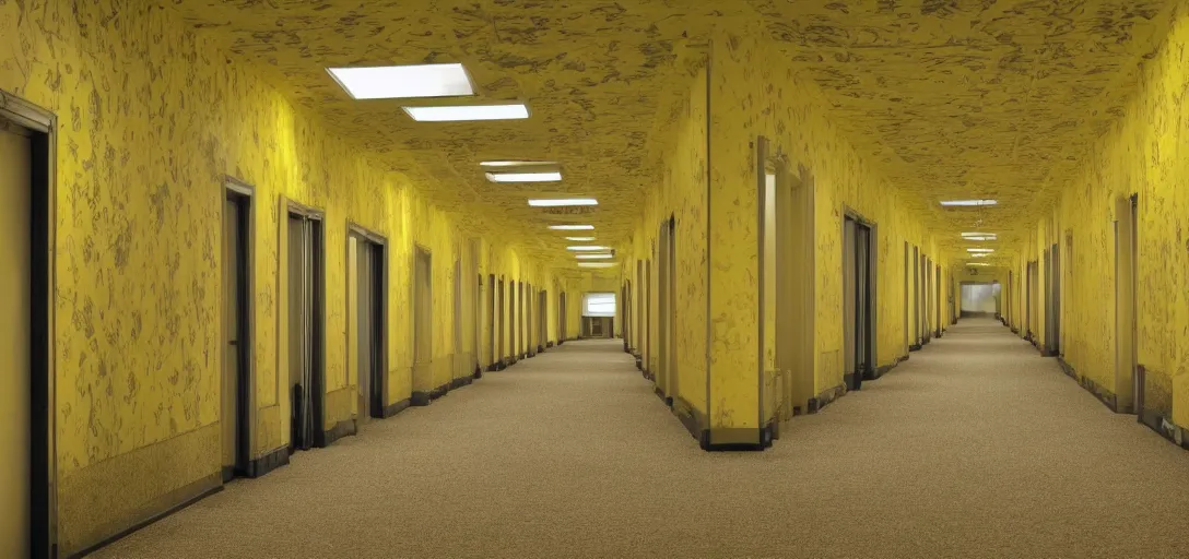 Prompt: a dream like picture of an endless complex of hallways with yellowed wallpaper, yellow moist carpet, and fluorescent lights in the ceiling,