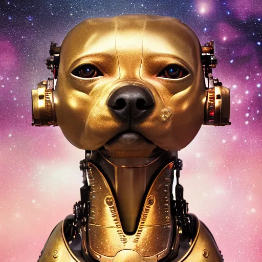 Image similar to a beautiful ultradetailed fine art photo of an ancient aztec hairless cybernetic cyborg dog set against galactic space, by tom bagshaw and anna dittman, portrait, soft backlighting, robotic arch around the dog, 5 0 mm lens, golden ratio composition, detailed faces, studio lighting, very detailed, industrial mechanical robot dogs, artstation, 8 k, highly coherent