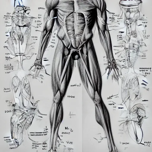 Prompt: anatomical, labelled, medical drawing of saitama with annotations to body parts, anime