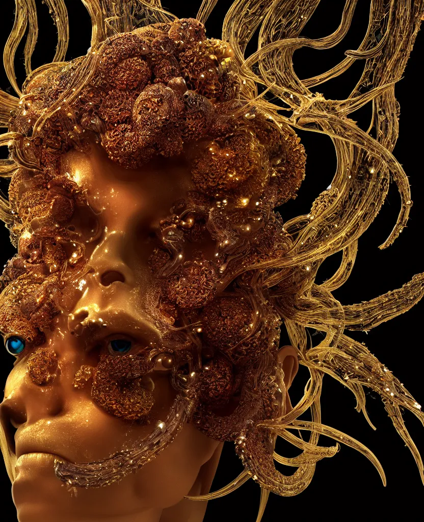 Image similar to fully black background. background hex 000000. goddess princess face close-up portrait ram skull. sculpture made of gold and decorated with brilliants. jellyfish phoenix head, nautilus, orchid, skull, betta fish, bioluminiscent creatures, intricate artwork by Tooth Wu and wlop and beeple. octane render, trending on artstation, greg rutkowski very coherent symmetrical artwork. cinematic, hyper realism, high detail, octane render, 8k