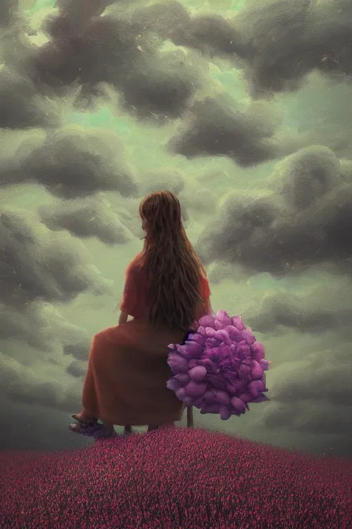 Prompt: closeup, huge flowers as head, woman sitting in heather field, surreal photography, starlight, storm clouds, impressionist painting, digital painting, artstation, simon stalenhag