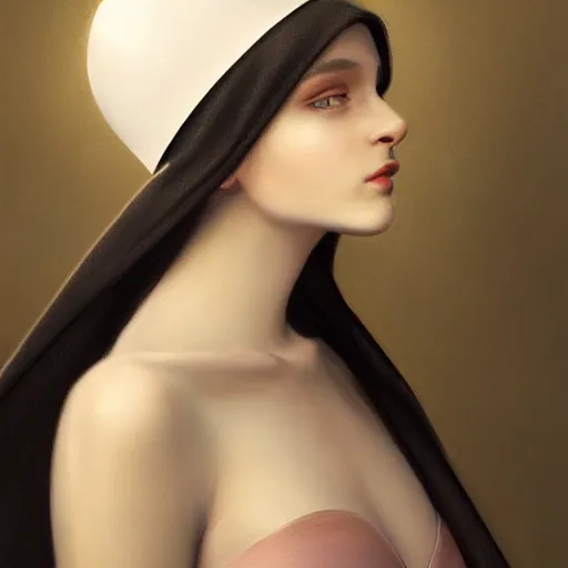 Image similar to A masterpiece portrait of a Incredibly beautiful queer girl with piercing and tatoo in nun hat. Incredible light. light night, artstation Masterpiece. Angel. Angel wings. light cute blush on face. medium shot, intricate, elegant, highly detailed. trending on artstation, digital art, by Stanley Artgerm Lau, WLOP, Rossdraws, James Jean, Andrei Riabovitchev, Marc Simonetti, Yoshitaka Amano. background by James Jean and Gustav Klimt, light by Julie Bell, 4k, porcelain skin. Octane render. epic dark fantasy.