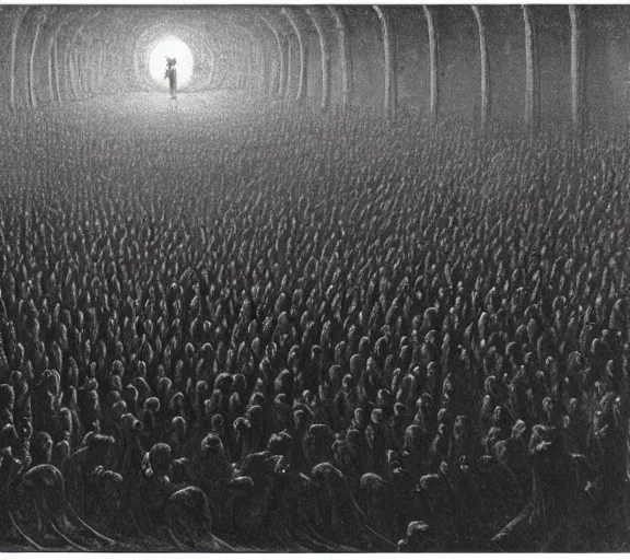 Prompt: a large amount of cultist followers gathered in front of a cult leader's stage, view from stage, in the style of beksinski