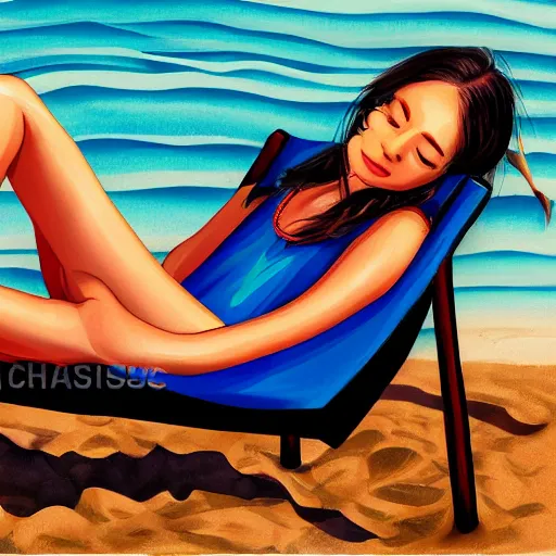 Image similar to a portrait of a young asiatic lady on a beach chair , perfect face, hot summertime hippie, sparky swimsuit , calm sea and beach background , sunny day, perfecly detailed, realistic portrait, perfect design, natural light