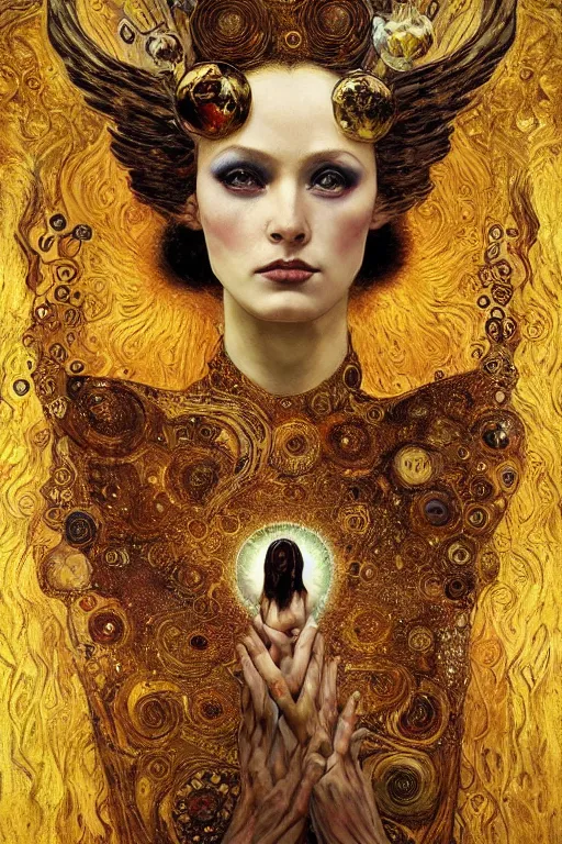 Image similar to Intermittent Chance of Chaos Muse by Karol Bak, Jean Deville, Gustav Klimt, and Vincent Van Gogh, beautiful Surreality portrait, enigma, Loki's Pet Project, destiny, Poe's Angel, fate, inspiration, muse, otherworldly, fractal structures, arcane, ornate gilded medieval icon, third eye, spirals