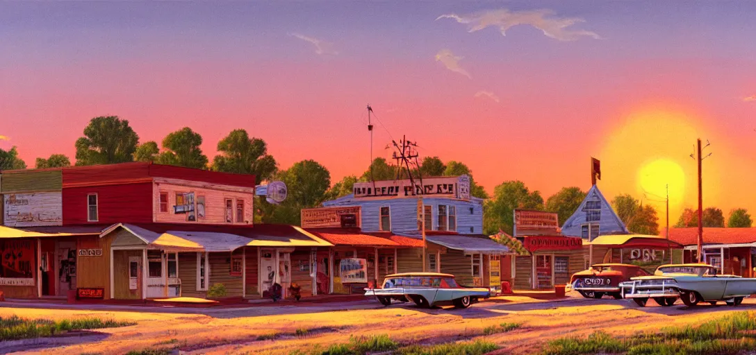 Image similar to concept art of a small rural town in middle America in the 1960s, detailed, Americana, golden hour