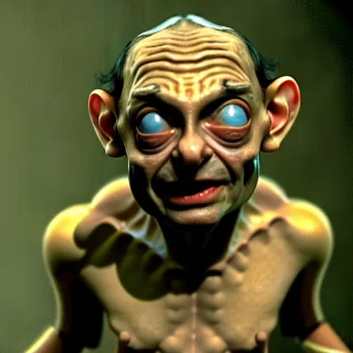 Prompt: mr. bean as gollum from lord of the rings. movie still. cinematic lighting.