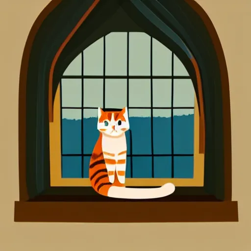 Image similar to a beautiful landscape including a waterfall and a forest through a window, cat sitting on the edge of the window, illustration, digital art, trending on artstation, no signature