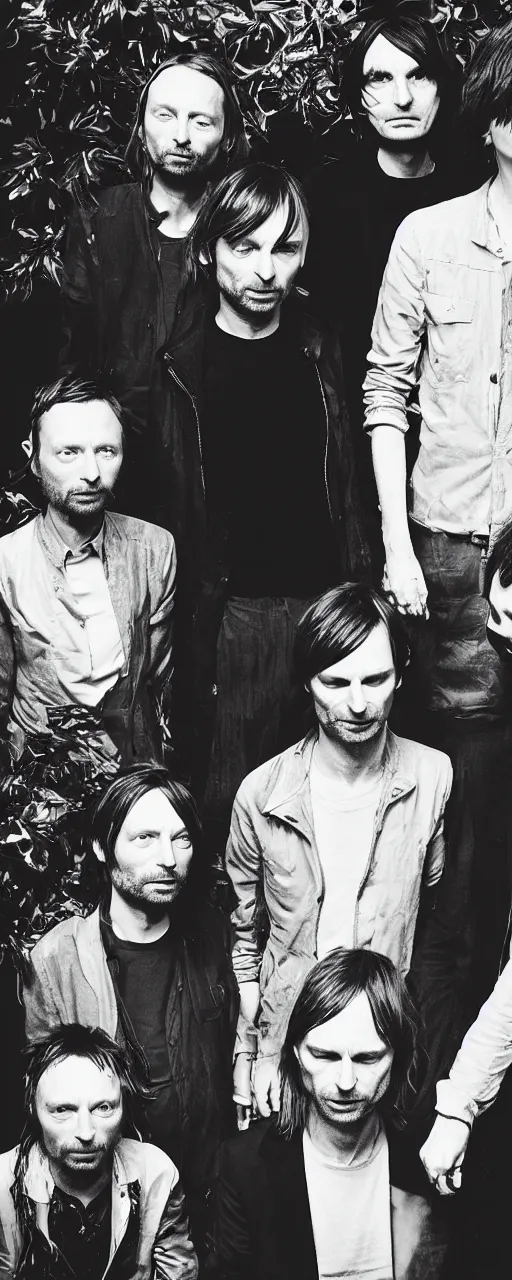 Image similar to disco diffusion portrait of Thom Yorke, Jonny Greenwood, Ed O'Brien, Colin Greenwood, Philip Selway, hiding in the bushes looking shifty