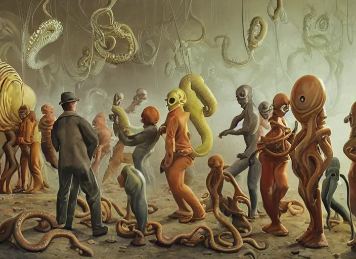 Prompt: a group of people standing around a cardboard box full of tentacled alien babies, an ultrafine detailed painting by john philip falter, shutterstock, american scene painting