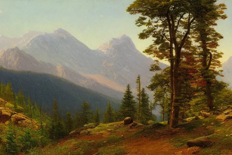 Image similar to mountains, trees, beautiful nature, very detailed, focused, oil painting, colorful, canvas, artstation, Sydney Mortimer Laurence, Albert Bierstadt, Theodor Kittelsen, Hans Dahl, Konstantin Yakovlevich Kryzhitsky, Hermann Hendrich