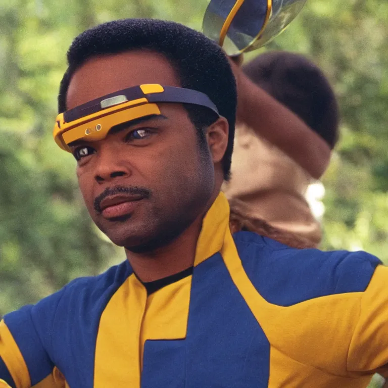 Image similar to geordi laforge wearing visor and a frisbee and random kitchen tools on his head