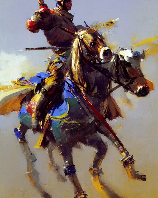 Image similar to close - up portrait of colorful rider pointing jousting lance at camera, caparisons, galloping, chainmail, by greg manchess, bernie fuchs, ruan jia, walter everett