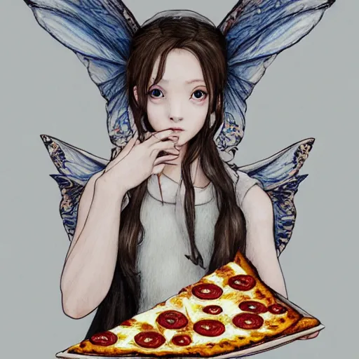 Image similar to a fairy girl, wearing a hoodie and sweatpants, symmetrical wings, wings made of pizza, basic white background, symmetrical, watercolor, pen and ink, intricate line drawings, by Yoshitaka Amano, Ruan Jia, Kentaro Miura, Artgerm, detailed, trending on artstation, hd, masterpiece,