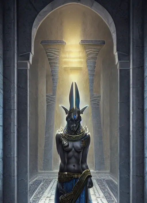 Image similar to anubis guarding the entrance to the mausoleum, concept art, digital illustration, trending on artstation, deviantart, artgerm, epic composition, masterpiece, highly detailed, advanced technique, realistic, ambient lighting, wlop, ross draws