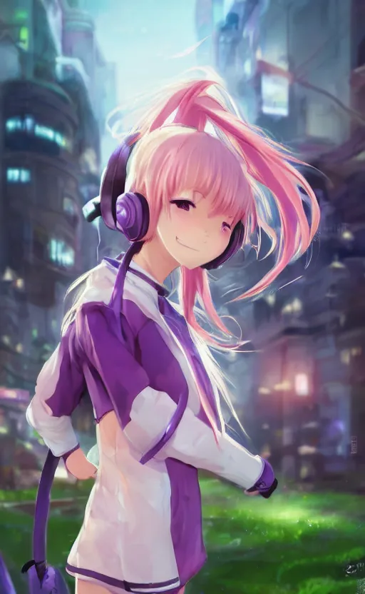Prompt: anime girl with pink ponytail, wearing purple headphones, wearing a green sweater, with a smile on her face and her eyes closed, walking down a street, dynamic lighting, photorealistic fantasy concept art, trending on art station, very detailed, anime concept art, stunning visuals, creative, cinematic, ultra detailed