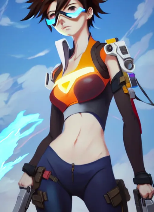 Prompt: a full body portrait of tracer from overwatch in anime style, finely detailed features, closeup at the faces, perfect art, in the abadoned temple, gapmoe yandere grimdark, trending on pixiv fanbox, painted by greg rutkowski makoto shinkai takashi takeuchi pixar, akihiko yoshida