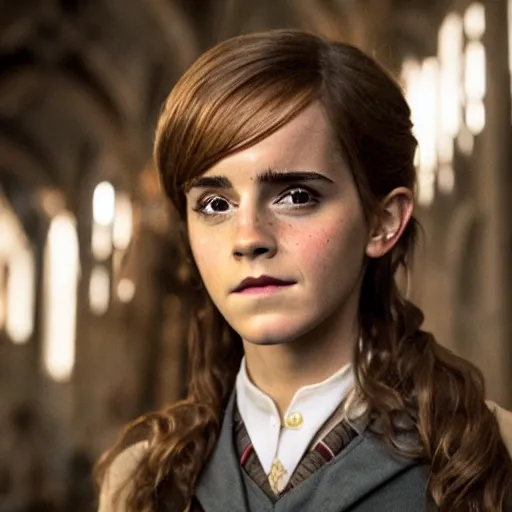 Image similar to photograph. emma watson as hermione granger. behind the scenes. harry potter film set. extremely detailed. 4 k. award winning.