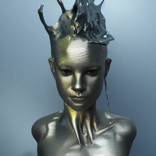 Image similar to 3 d render melted humanoid, sculpture, chrometype, liquid metal, neotribal, raytraced, volumetric lightning, 8 k by wlop, innate studio h - 1 0 0 0 w - 1 0 0 0