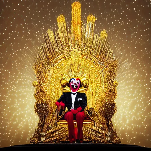 Image similar to shining majestic throne made of millions of diamonds, gold and zaphires with thousands of light reflections, and a clown is sitting on the throne