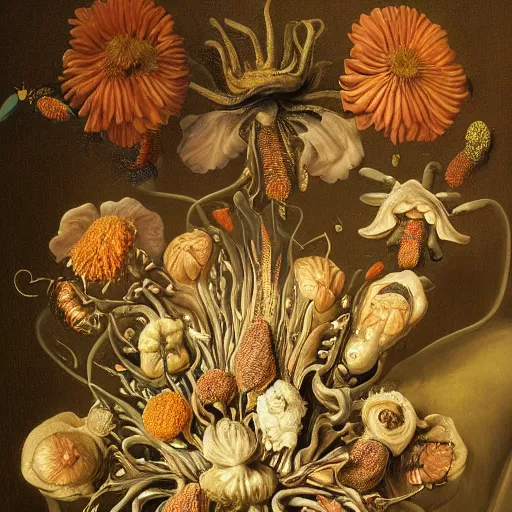 Image similar to disgusting disturbing dutch golden age bizarre mutant flower floral still life with many human toes realistic human toes blossoming everywhere insects very detailed fungus tumor disturbing tendrils bizarre slimy forms sprouting up everywhere by rachel ruysch christian rex van minnen black background chiaroscuro dramatic lighting perfect composition high definition 8 k 1 0 8 0 p