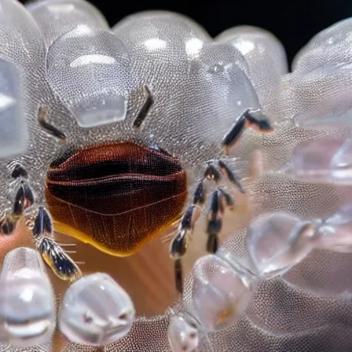 Image similar to high quality close-up photo translucent gelatinous spiders! macro lens , gorgeous highly detailedhigh quality low angle hd 8k sharp shallow depth of field