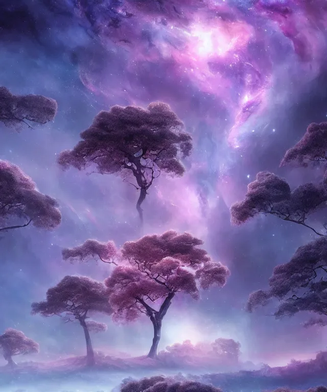 Image similar to a beautiful dreamlike terrain with large twisting trees and the nebula peeking through the sky, digital matte painting by yucong tang