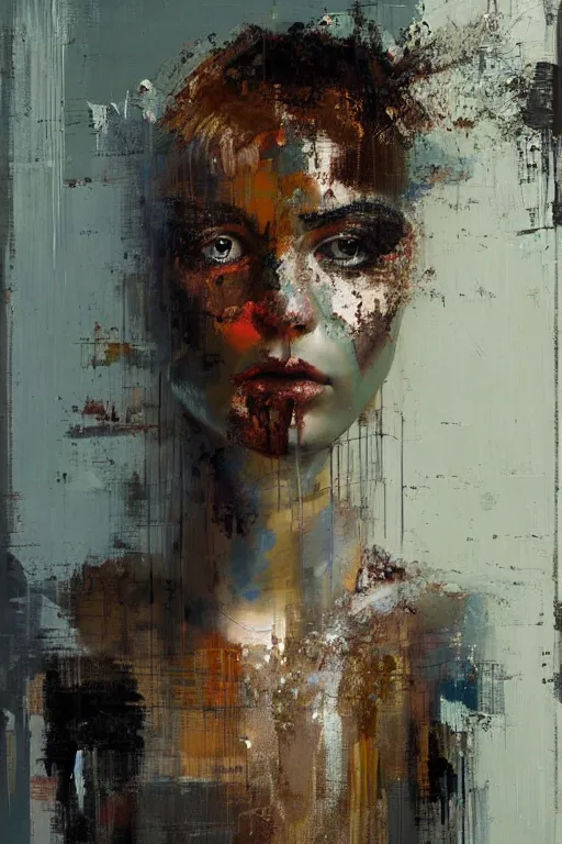 Prompt: a beautiful glitched painting by christian hook of a woman in a bathroom, metal rust and plaster materials, brushstrokes by jeremy mann, still life, dark colors