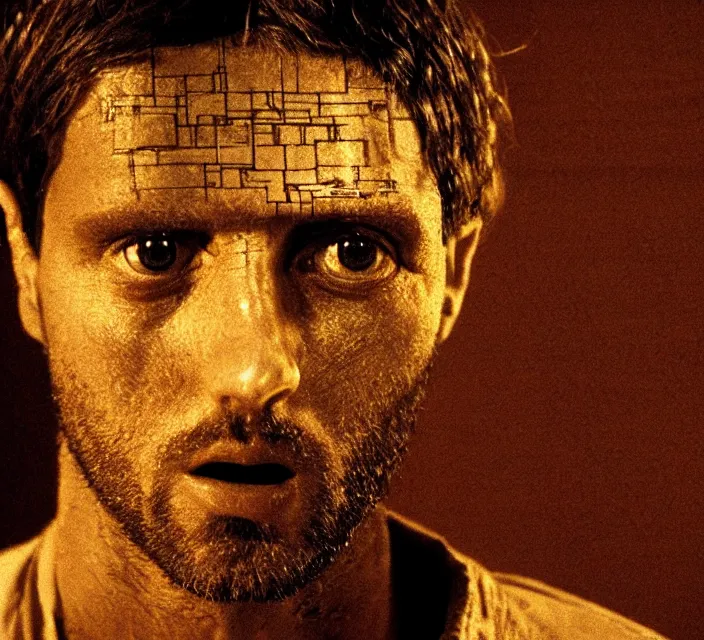 Prompt: biblical intense scene detailed programmer shape of rectangles connected with straight wires, at the monitor, gray gamma, gray wires, still from hyperrealism movie biblical desert as a background filled with details by george orwell and denis villeneuve and gaspar noe. perfect face. the golden ratio, symmetry