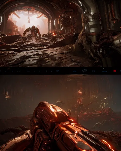 Prompt: gameplay of doom eternal, ambient lighting, concept art, intricate, hyper detailed, smooth, action, volumetric lighting, 3 d render, unreal, octane