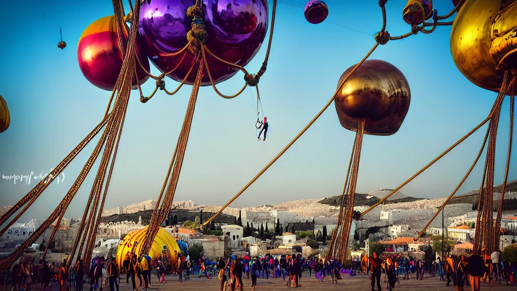 Image similar to large colorful futuristic space age metallic steampunk steam - powered balloons with pipework and electrical wiring around the outside, and people on rope swings underneath, flying high over the beautiful athens city landscape, professional photography, 8 0 mm telephoto lens, realistic, detailed, photorealistic, photojournalism