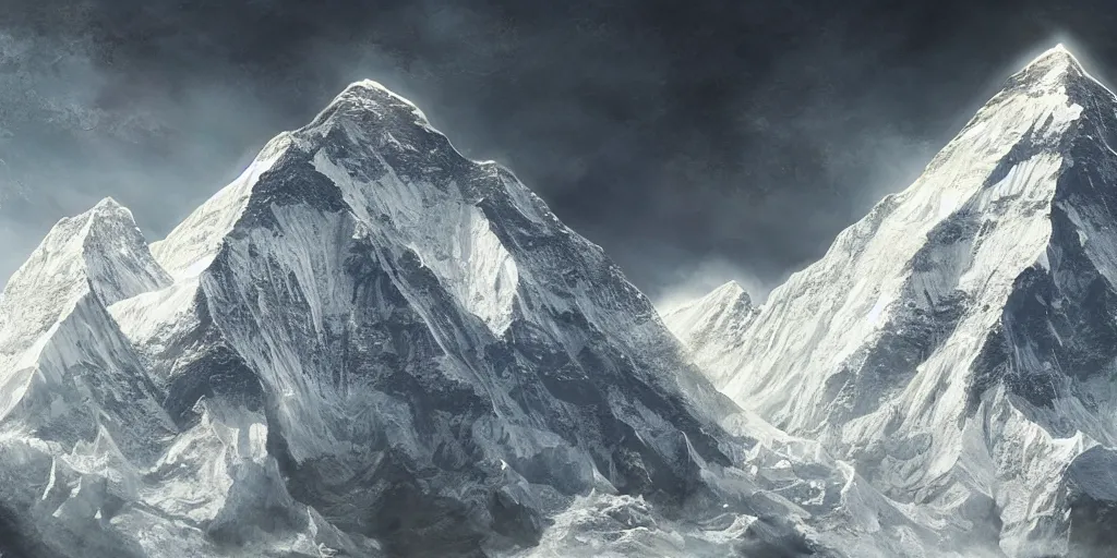 Image similar to mount everest dramatically falling apart, dim volumetric lighting, 8 k octane render, post - processing, extremely hyper detailed, intricate, epic composition, cinematic lighting, masterpiece, trending on artstation, stunning art by anders zorn, wonderful masterpiece by greg rutkowski
