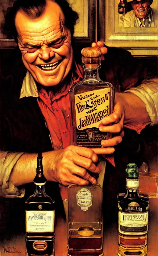 Prompt: illustration of jack nicholson inside a bottle of whiskey, by norman rockwell, roberto ferri, daniel gerhartz, edd cartier, jack kirby, howard brown, ruan jia, tom lovell, jacob collins, dean cornwell