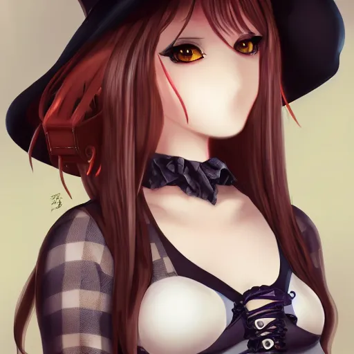 Prompt: young witch seductively smiling, brunette, checked stockings, short dress, huge hat, full bodyshot, anime, fantasy, portrait, highly detailed, headshot, digital painting, trending on artstation, concept art by miaormoa