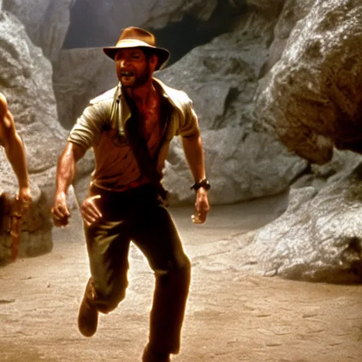 Image similar to indiana jones movie, running away from a builder in a cave