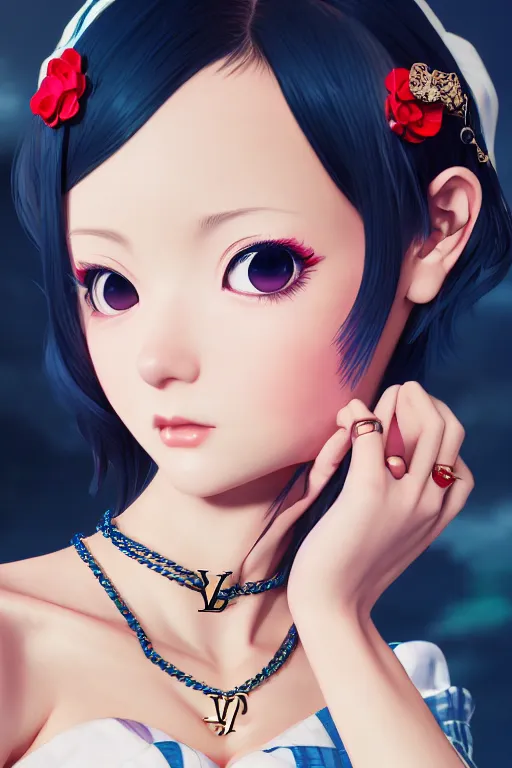 Image similar to a pin up and beautiful fashion charming dreamlke japan girl with lv jewelry, character art, art by wlop and and ilya kuvshinov, hyperdetailed, 8 k realistic, symmetrical, frostbite 3 engine, cryengine, dof, trending on artstation, digital art