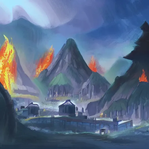 Image similar to concept art painting of a Fire Nation colony on the coast of the Earth Kingdom