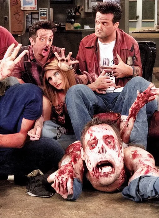 Image similar to a scene from friends where joey and chandler become zombies, face enhance, realistic, shaun of the dead, izombie, ultra detailed, octane render, lovecraftian, horror, dead space, the walking dead