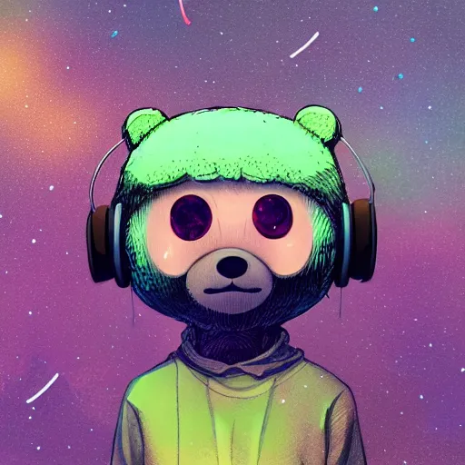 Prompt: a green humanoid bear with headphones looking in front of the camera by inio asano, beeple and james jean, aya takano color style, 4 k, super detailed, night sky, digital art, digital painting, celestial, majestic, colorful, front